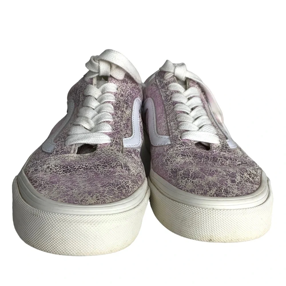 VANS Women 7.5‎ Old Skool Pink Cracked Shimmer Leather Low Lace Up Sneaker Shoes